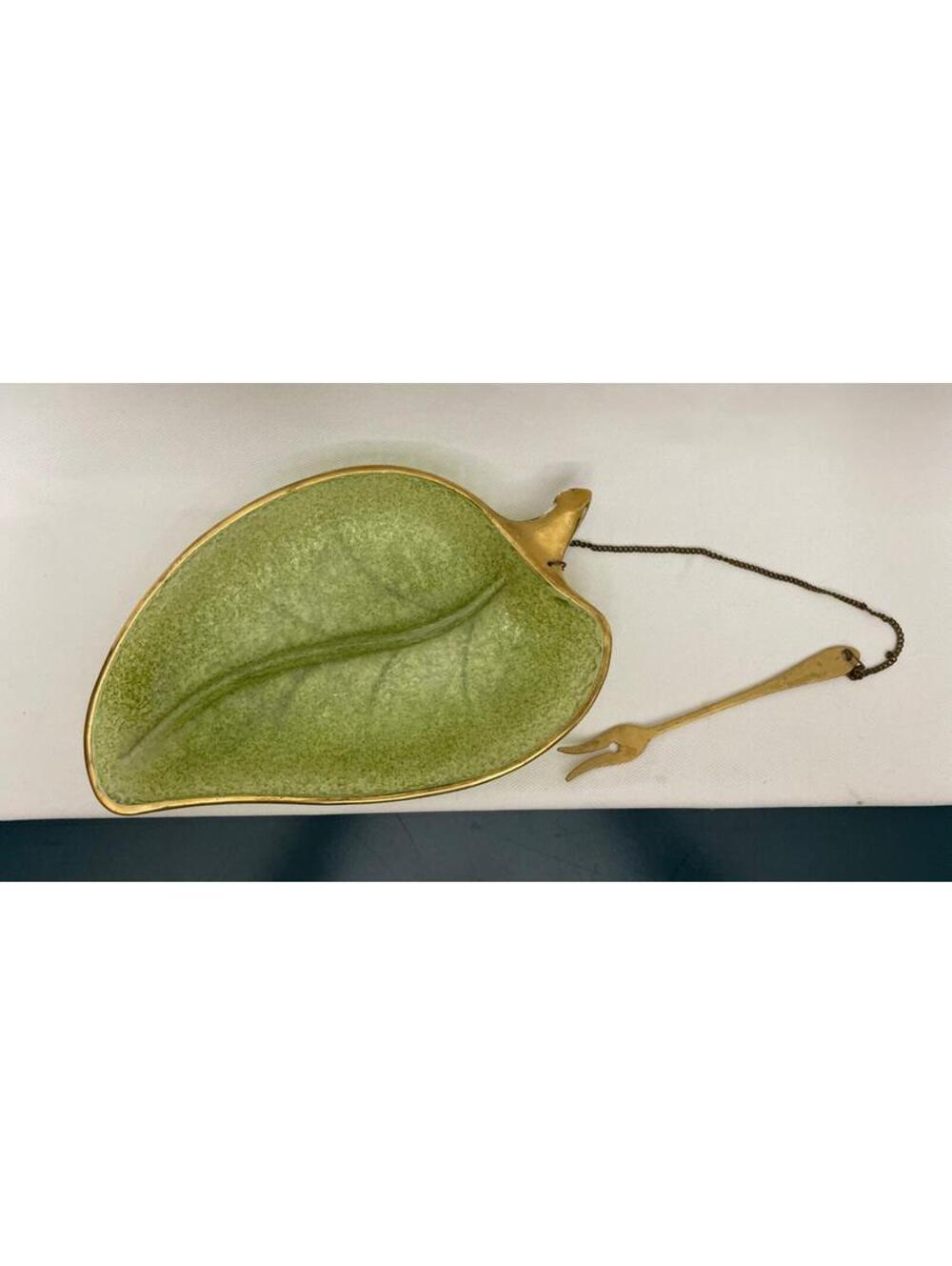 Vintage MCM Glass Leaf Olive Dish with Fork Golden  Edge